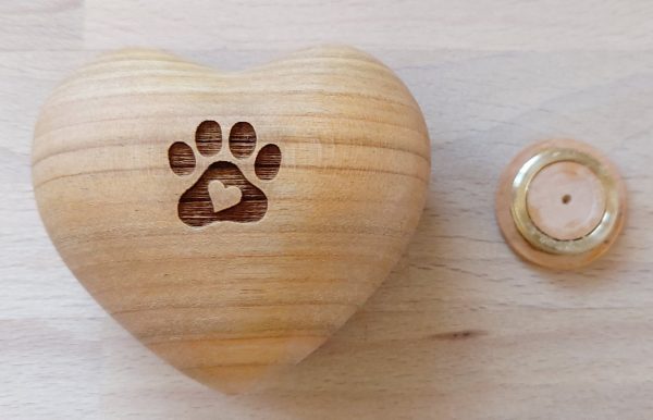 Wood urn with paw print from my companion pet cremation ireland